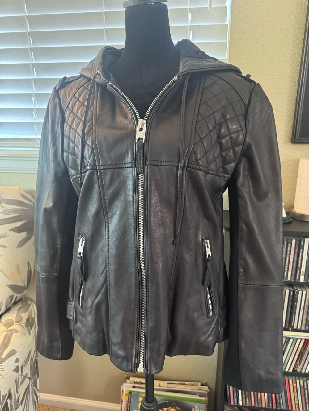 Michael Kors Black Quilted Hooded Leather Bomber Jacket